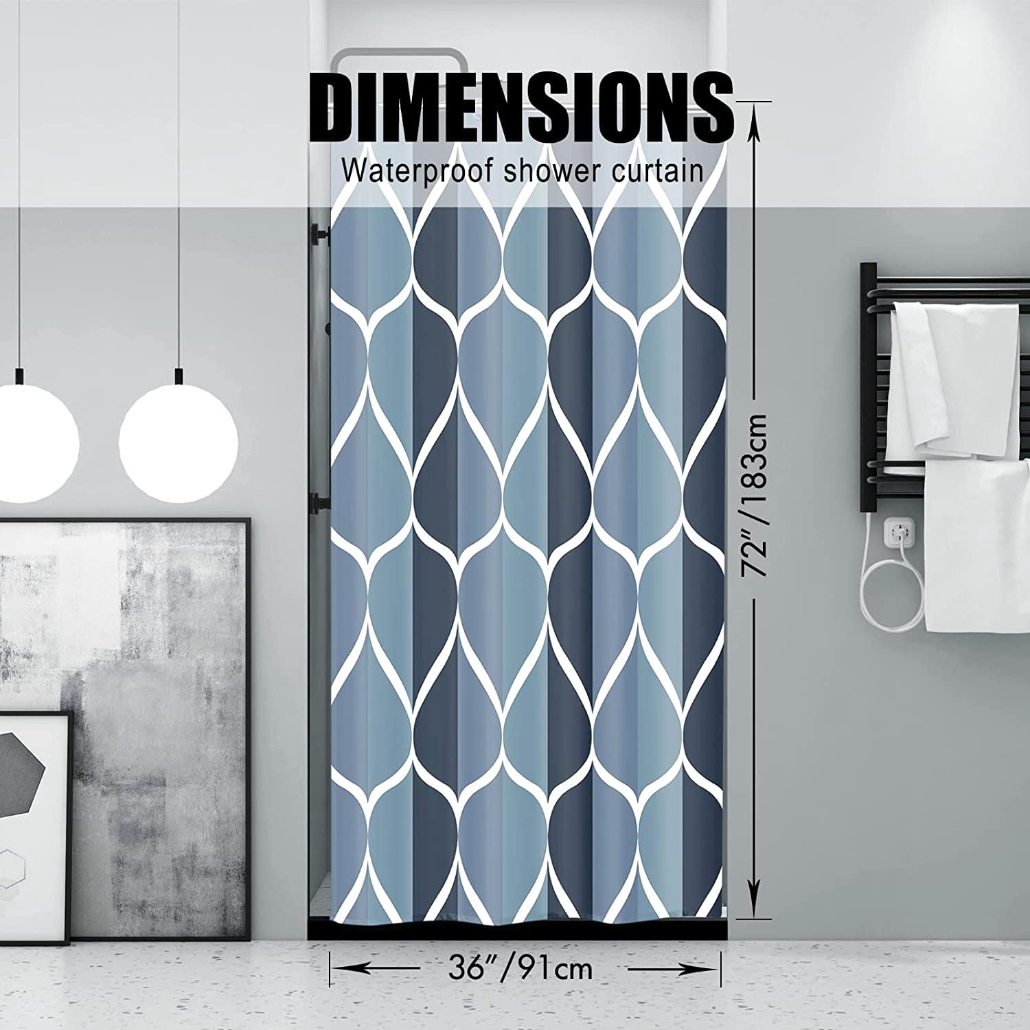 Aegean Blue Geometric Shower Curtain, Waterproof Design and Polyester, Quick-Drying, Weighted Hem, Blue Fabric Shower Curtains Set for Bathroom W 36 x H 72, Durable and Washable with 8 Hooks