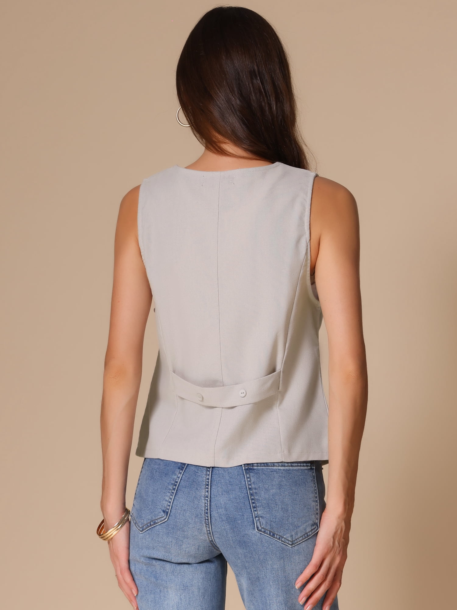 DARING DIVA Womens Linen Vest Loose Sleeveless Blazer Lightweight Jacket M Beige