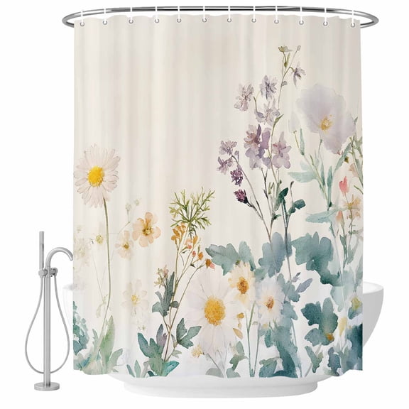 Watercolor Spring Floral Shower Curtain - Water Repellent Fabric Shower Curtains Washable, Farmhouse Daisy Green Botanical Decorative Polyester Cloth Bathroom Curtains Modern Bath Decor 72"x72"