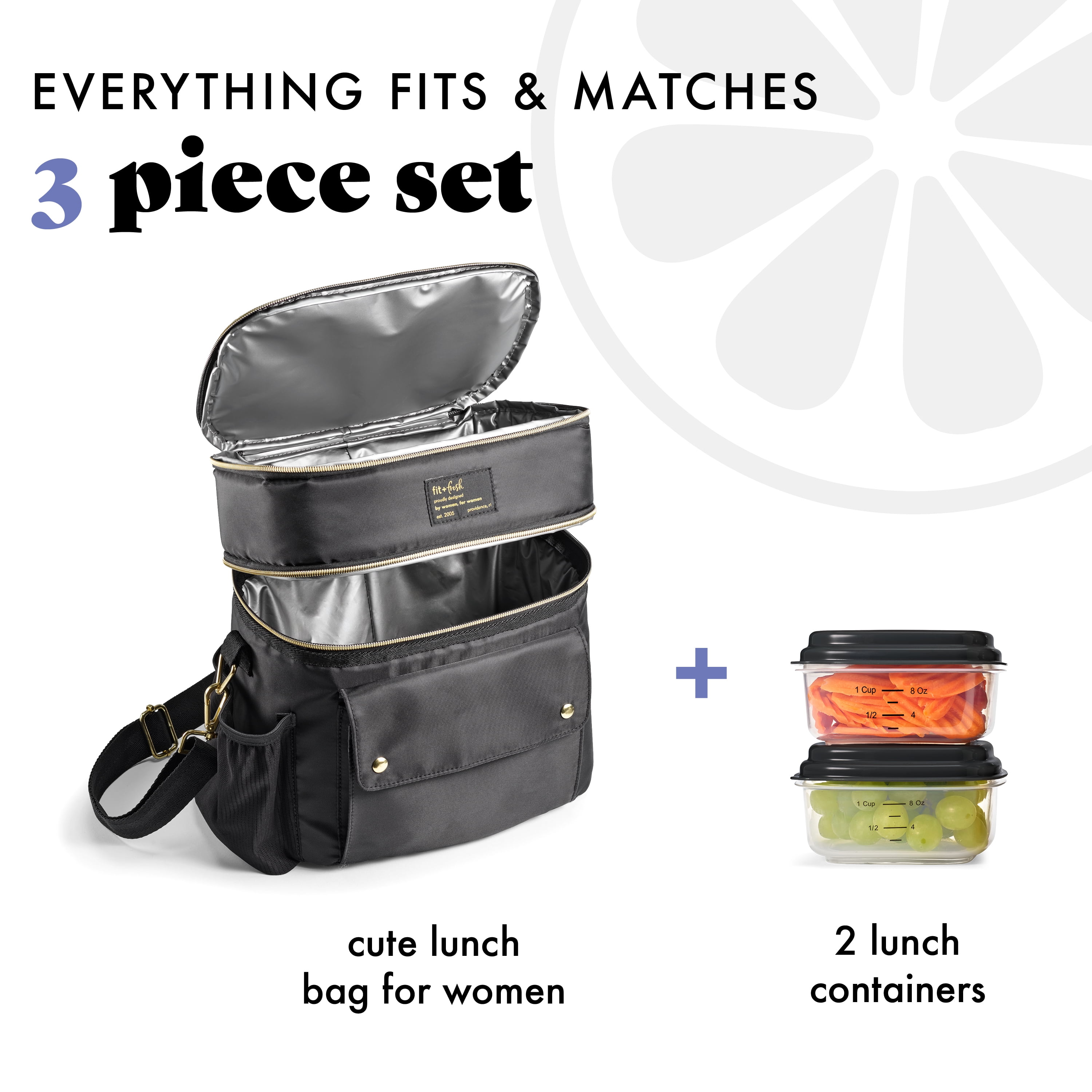 Fit + Fresh Dual Compartment Lunch Bag For Women, Insulated Lunch Box With Containers, Black