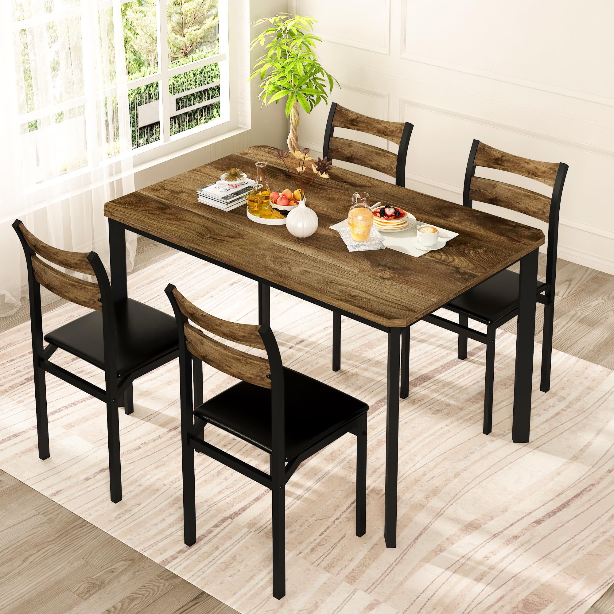 Lamerge Dining Table Set for 4, 43.3" Dining Room Table with 4 Upholstered PU Leather Chairs, Modern Wood Kitchen Table and Chairs Set, 5-Piece Dinette Set for Breakfast Nook, Small Places, Brown