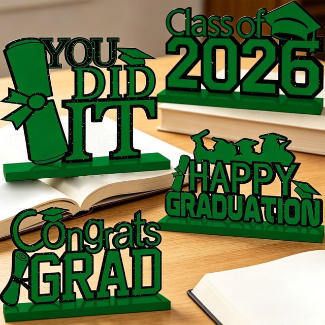 4Pcs Green Graduation Decorations Class of 2026 Congrats Grad Wooden Graduation Table Decorations for 2026 Graduation Party Decorations