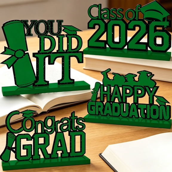 4 Pc Green Graduation Decorations, Class of 2026 Congrats Grad Centerpiece Signs, Wooden Sign Graduation Table Toppers, Congratulate Tiered Tray Decor, Grad Ornaments Party Supplies Favors
