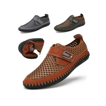 New Mens Driving Slip on Loafers Leather Shoes Summer Breathable Mesh