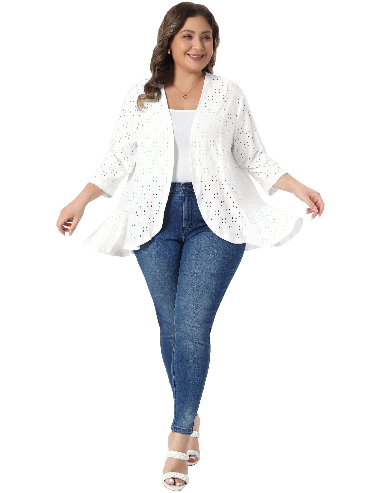 DARING DIVA Women's Plus Open Front 3/4 Sleeve Draped Ruffle Cover Up 4X White