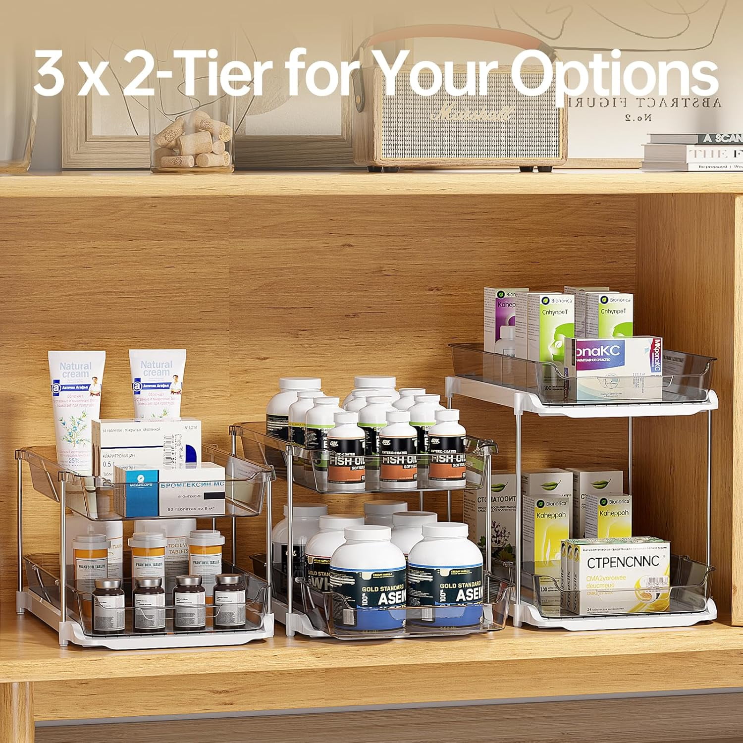 3 Tier Pull-Out Under Sink Organizer Storage, Delamu Bathroom Stackable Pantry Counter Sliding Cabinet Organization and Storage, 2 Sets, Gray