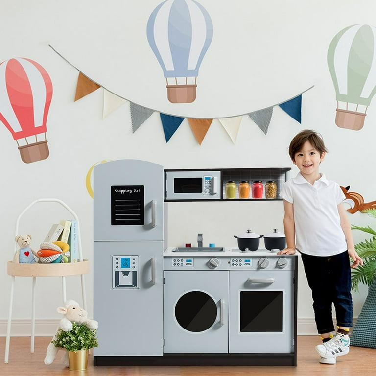 Giantex kids Kitchen Playset Wooden Kitchen Pretend Cooking Toy w Simulated Sound Sink Stovetop Fridge Oven Microwave Toddler Pretend Play