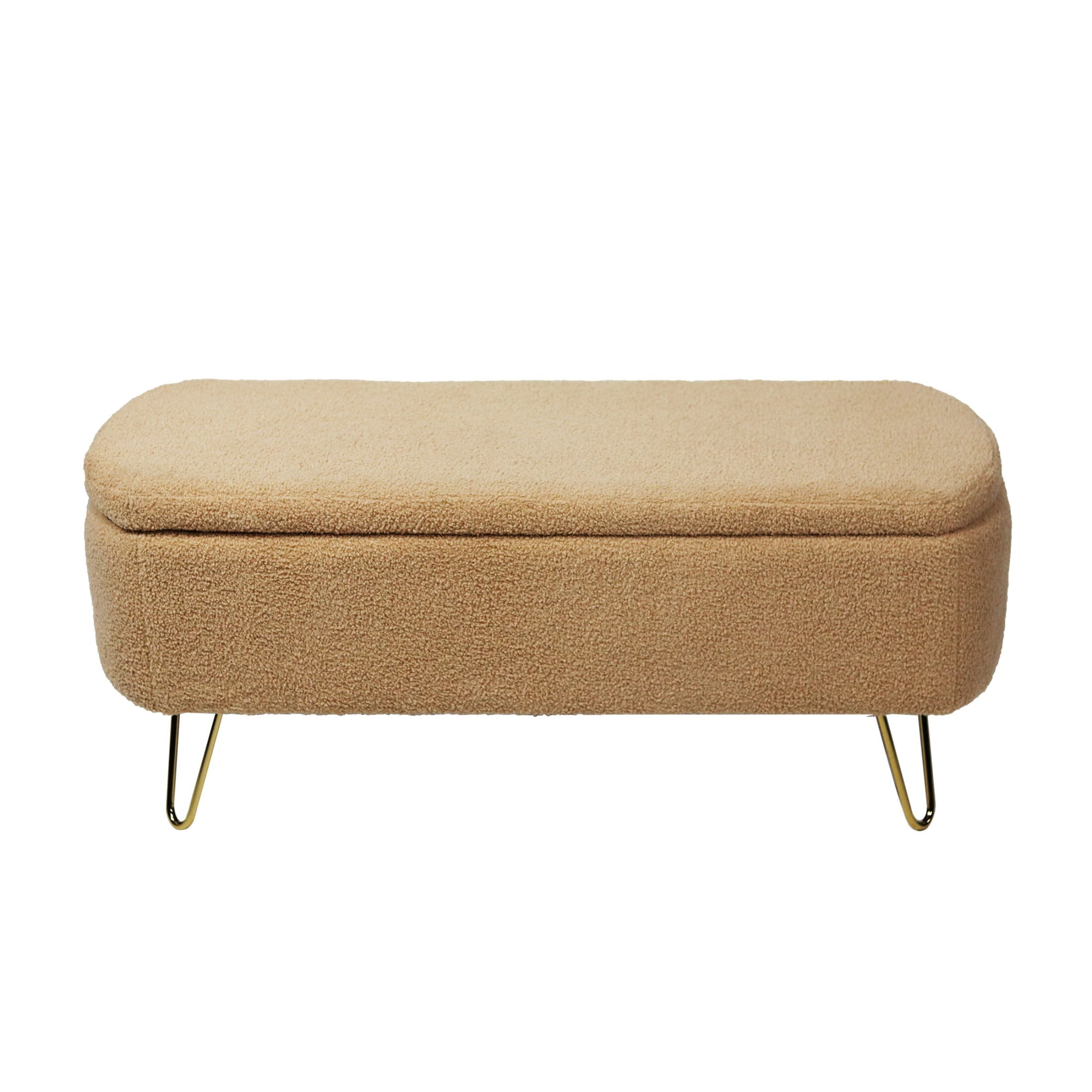 DEALTOPS Stylish Faux Fur Storage Bench, Oval Ottoman with Storage Space and Metal Legs, Camel