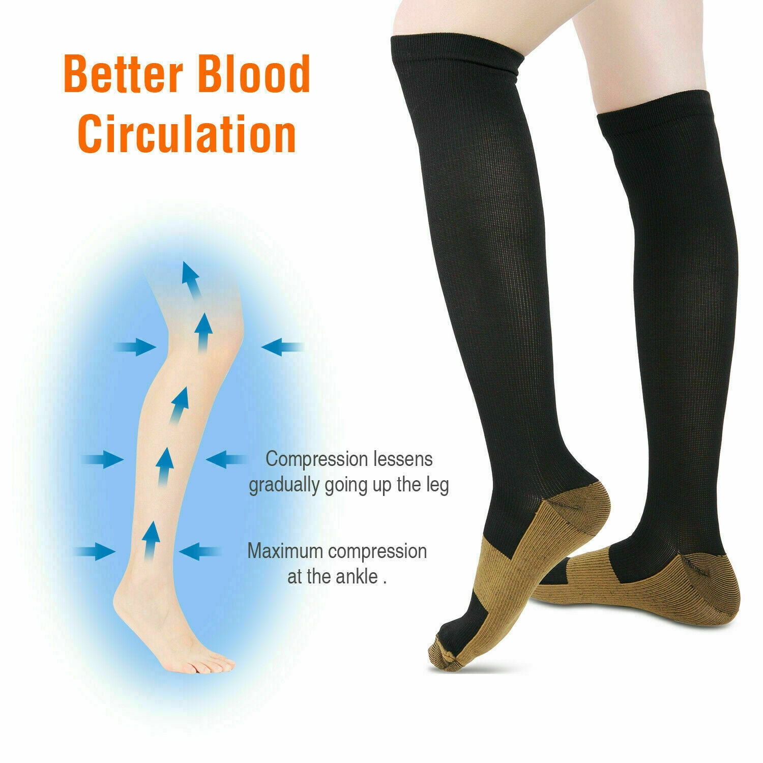 5 Pairs Copper Compression Socks 20-30mmHg Graduated Support Mens Womens Knee High Comfort Gym Stockings Leg Pain Relief Varicose Vein Relief Pain Support Socks S/M