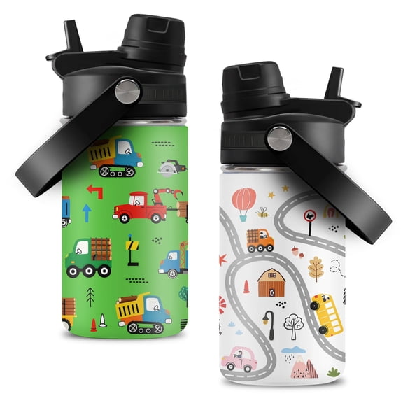 JOPJOLIW 12OZ Truck Water Bottle for Boys, Birthday Gift for Monster Truck Lovers, Insulated Tumbler with Handle for Son, Stainless Steel Reusable Leak-proof Cup for Sports Outdoor, G-White 2-Pack