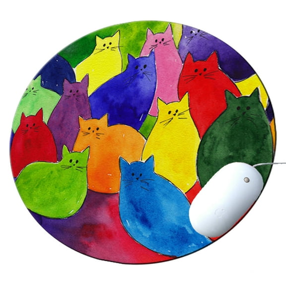 KuzmarK Round Mousepad / Hot Pad / Trivet - Colorful Kitties in Crayon Colors Art by Denise Every