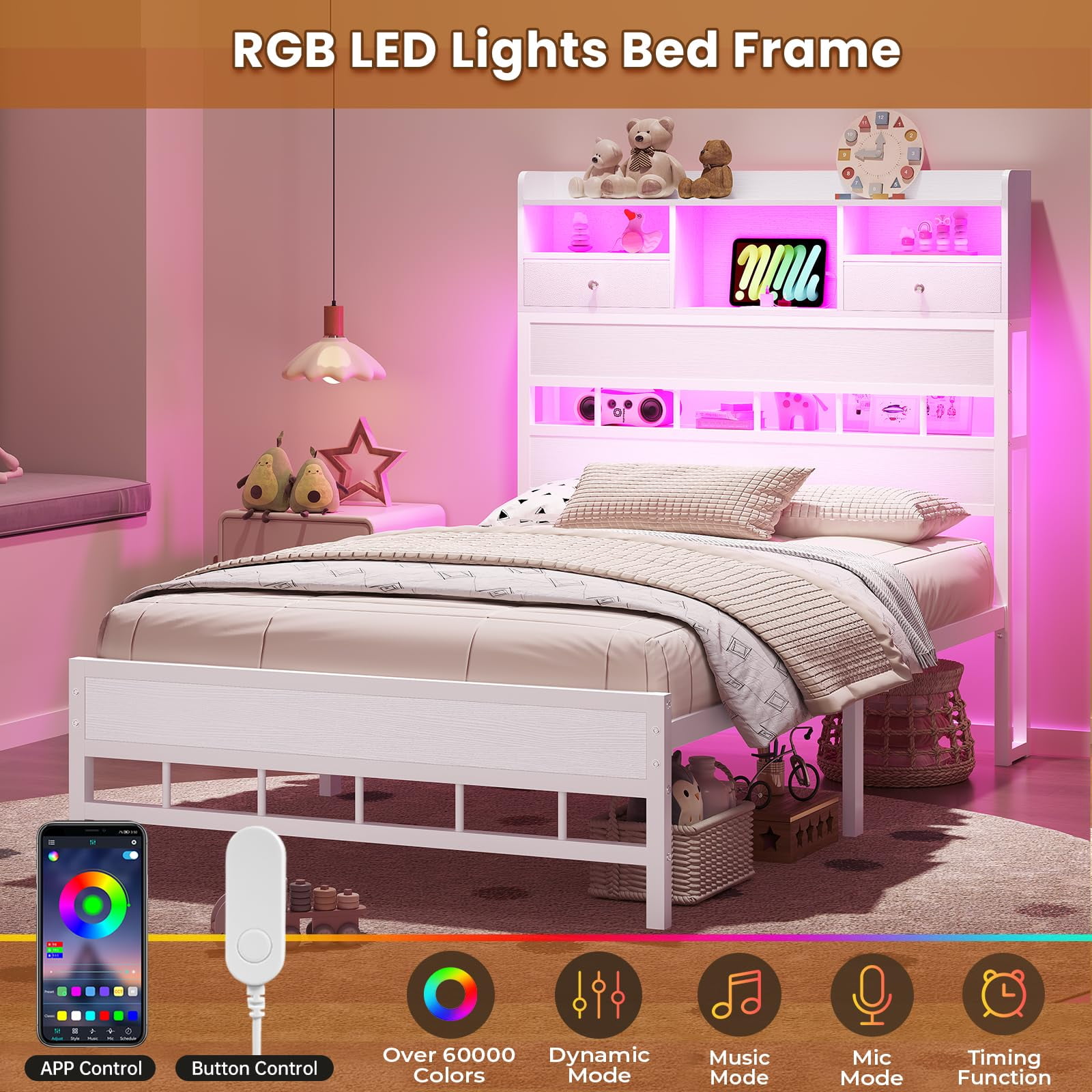 White Twin Bed Frames,with LED Light & Charging Station, Twin Size Bed Frame with Fabric Drawers and 5 Storage Shelves, Platform Bed Frames with Headboard ,No Box Spring Needed