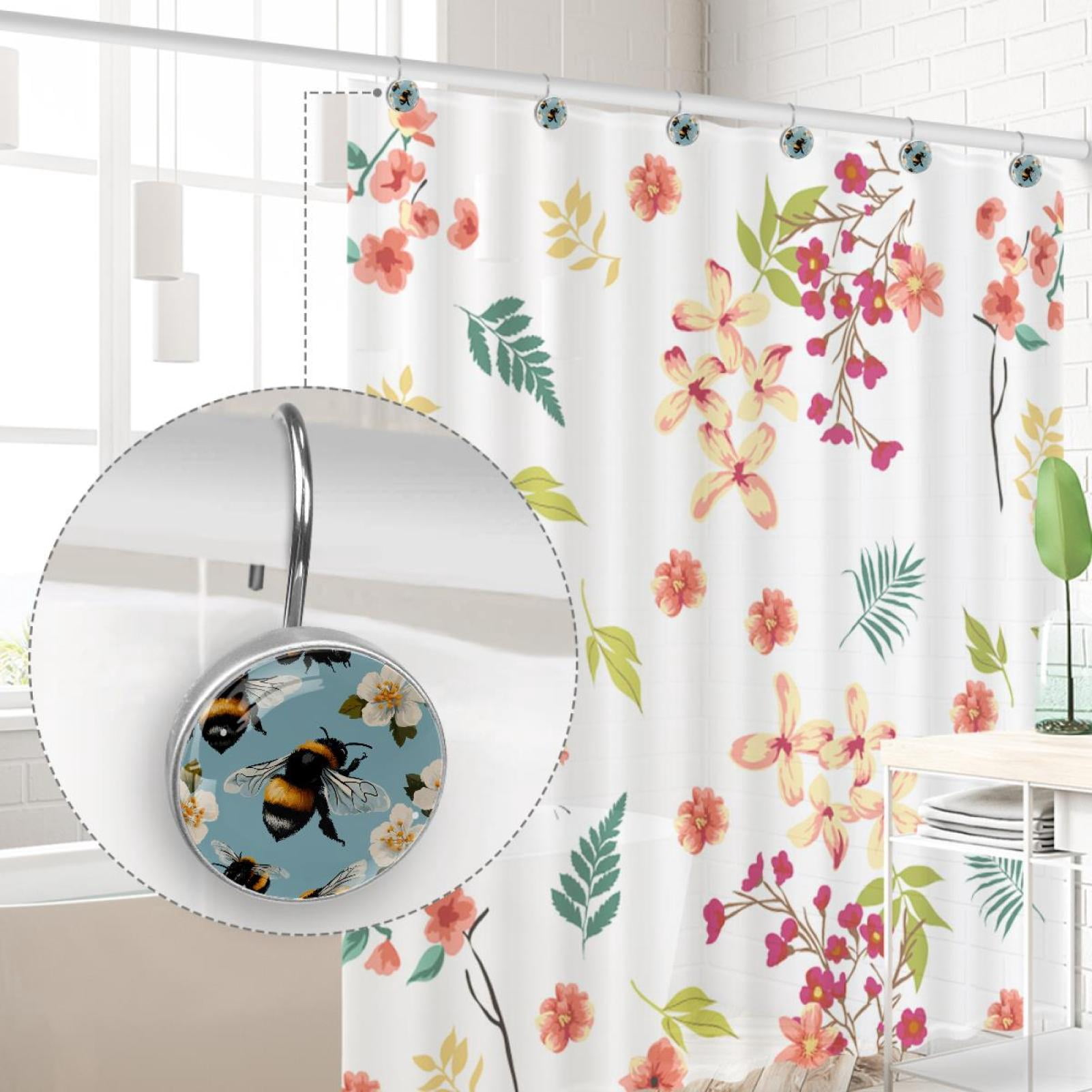 Honey Bees White Hibiscus Shower Curtain Hooks Round Crystal Glass, Set of 12 Shower Curtain Rings - Shower Hooks for Curtain Shower Rings