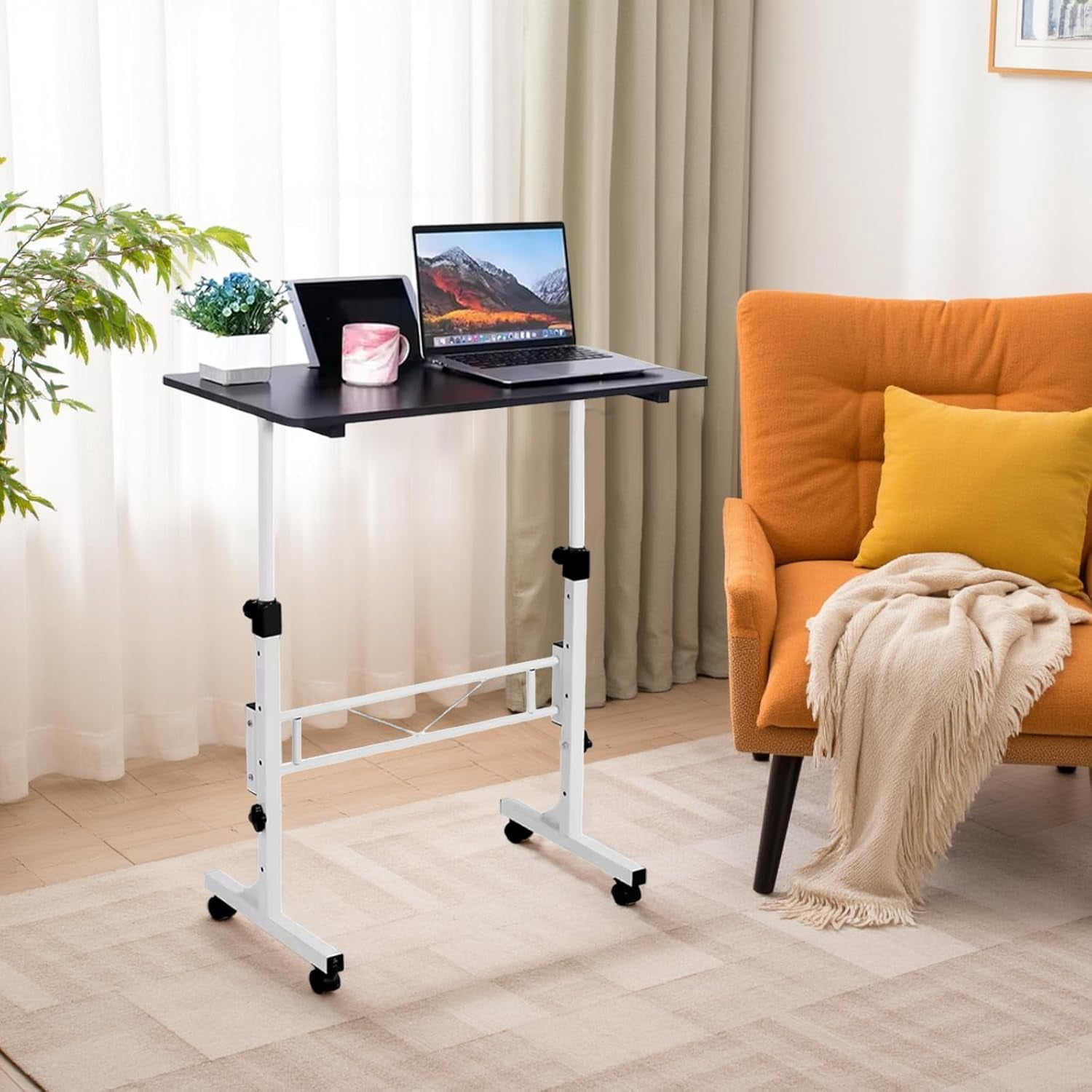Moblie Standing Desk, Height Adjustable Sit Stand Table, Rolling Table Standing Desk Computer Workstations Pottable for Home Office, Black