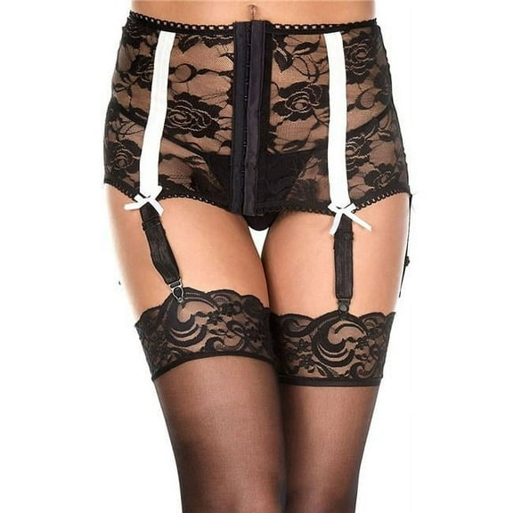 Music Legs 7731-BLACK-WHITE Spandex High Waisted Corset Look Lace Garterbelt, Black & White