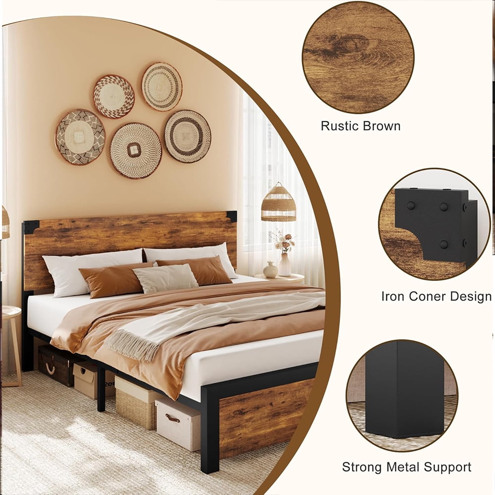 Cabihome King Bed Frame, Retro Bed Frame with Wood Headboard and Metal Legs, No Box Spring Needed, -Rustic Brown