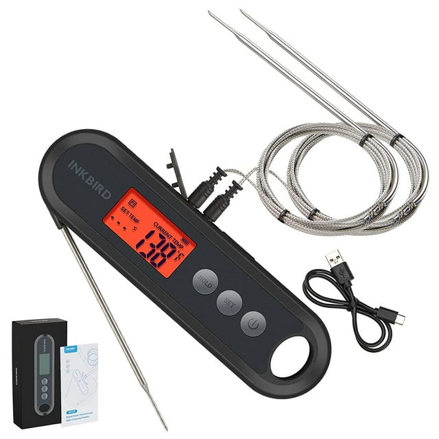 INKBIRD Thermomètre Instantané pour Viande, IHT-2XP, Thermomètre de Cuisson Numérique Rechargeable avec Étalonnage, Aimant, Rétroéclairage (avec Deux Sondes Externes)
