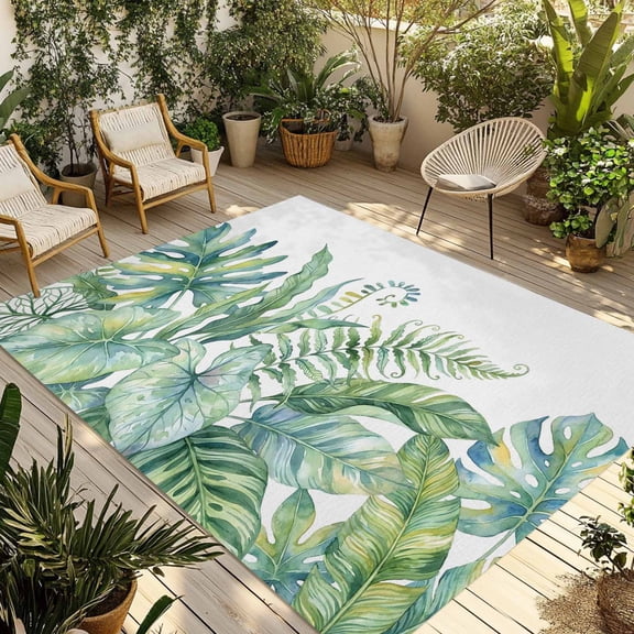 Palm Leaves Outdoor Rug for Patio/Deck/Porch, Non-Slip Large Area Rug 6 x 9 Ft, Summer Watercolor Tropical Leaf Botanical Green Indoor Outdoor Rugs Washable Area Rugs, Camping Rug Carpet Runner