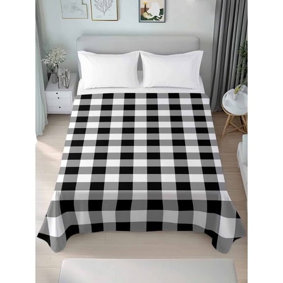 Black and White Plaid King Size Flat Sheet, Wrinkleproof & Fadeproof Cooling Flat Bed Sheet Only, Farmhouse Checkered Buffalo Breathable Soft Bedding Top Sheets 105 x 98 Inches