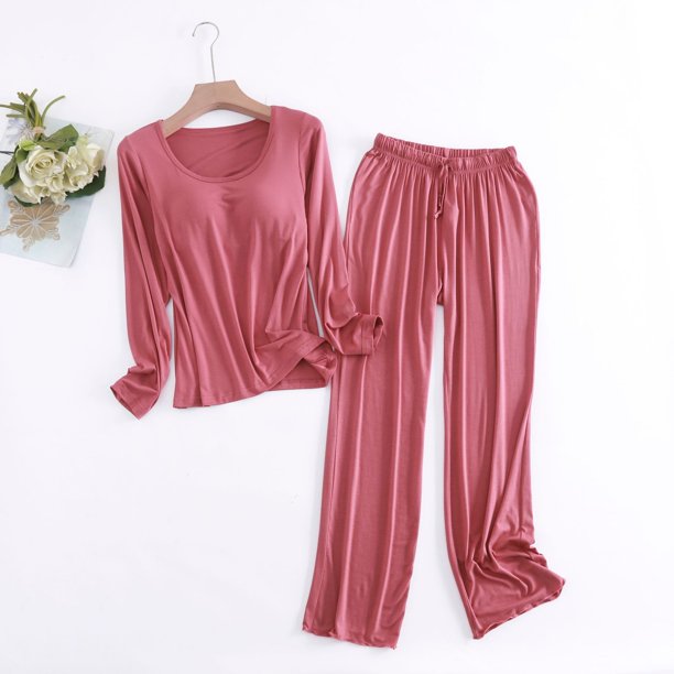 Conjunto de pantalón de manga larga para mujer, pantalón con volantes de manga larga con almohadilla para el pecho, ropa de casa de dos piezas, pijamas sueltos