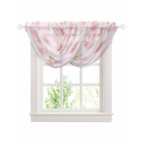 Pink Floral Sheer Waterfall Valance Curtains for Window, Modern Farmhouse Aesthetic Shabby Chic Flower Rod Pocket Sheer Topper Swag Curtains for Living Room, Kitchen 38.5"W x 47.2"L, 2 Panels