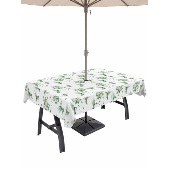 Outdoor Tablecloth with Umbrella Hole and Zipper, Summer Botanical Rectangle Table Cloth 60x120 Inch Waterproof Tablecloth, Green Spring Floral Birds Watercolor Picnic Table Cover for Patio Camping