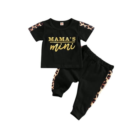 

TheFound Summer Infant Baby Girls Clothes Letter Leopard Printed Short Sleeve T Shirts Tops Pants Sets