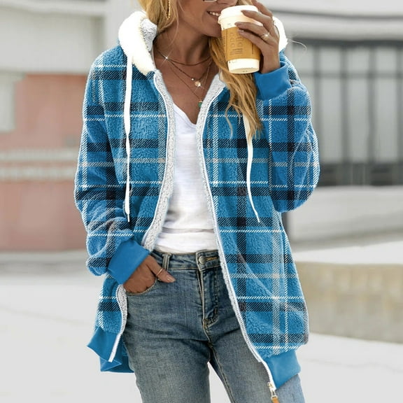 Brnmxoke Women's Plaid Hooded Shirt Coat Casual Drawstring Hoodies Open Front Fleece Long Sleeve Button Down Shacket Jacket