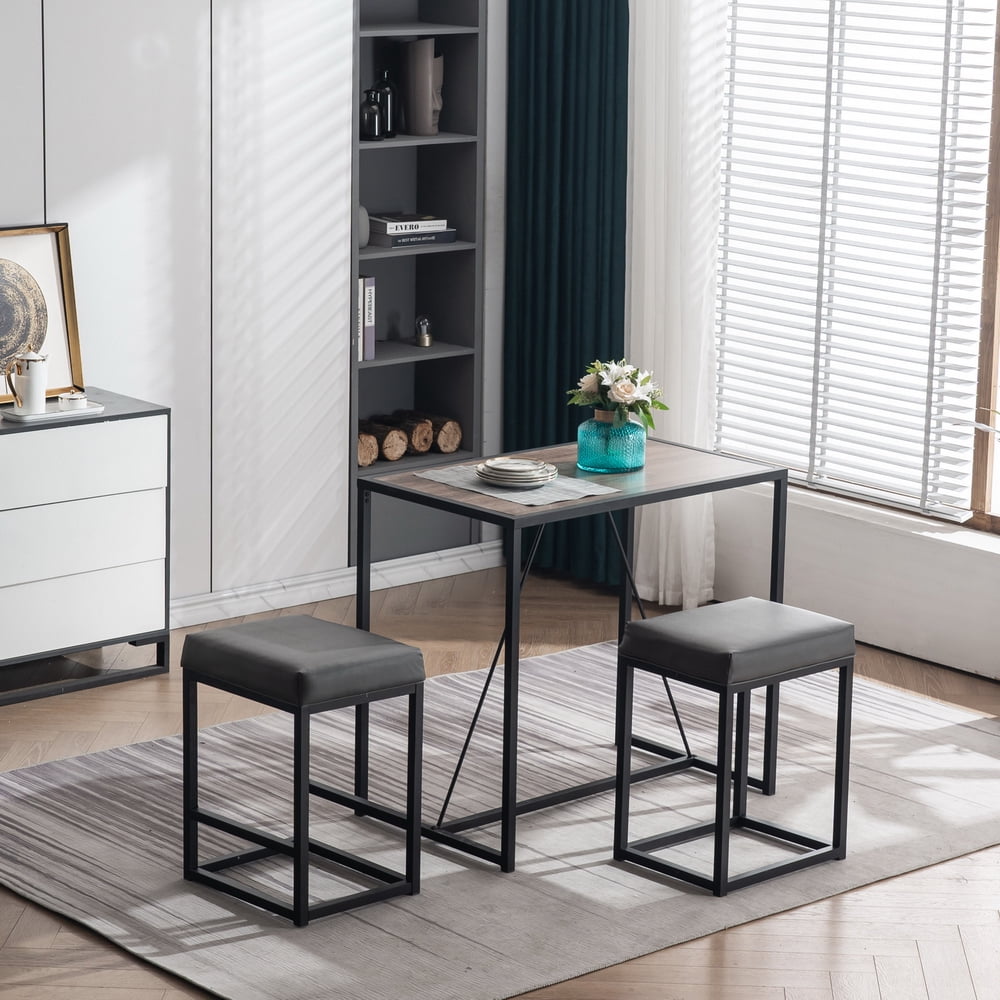 Lowestbest 3 Piece Dining Table Set, Kitchen Table and 2 PU Stools, Walnut & Gray Lowestbest 3 Piece Dining Table Set, Kitchen Table and 2 PU Stools, Walnut & Gray