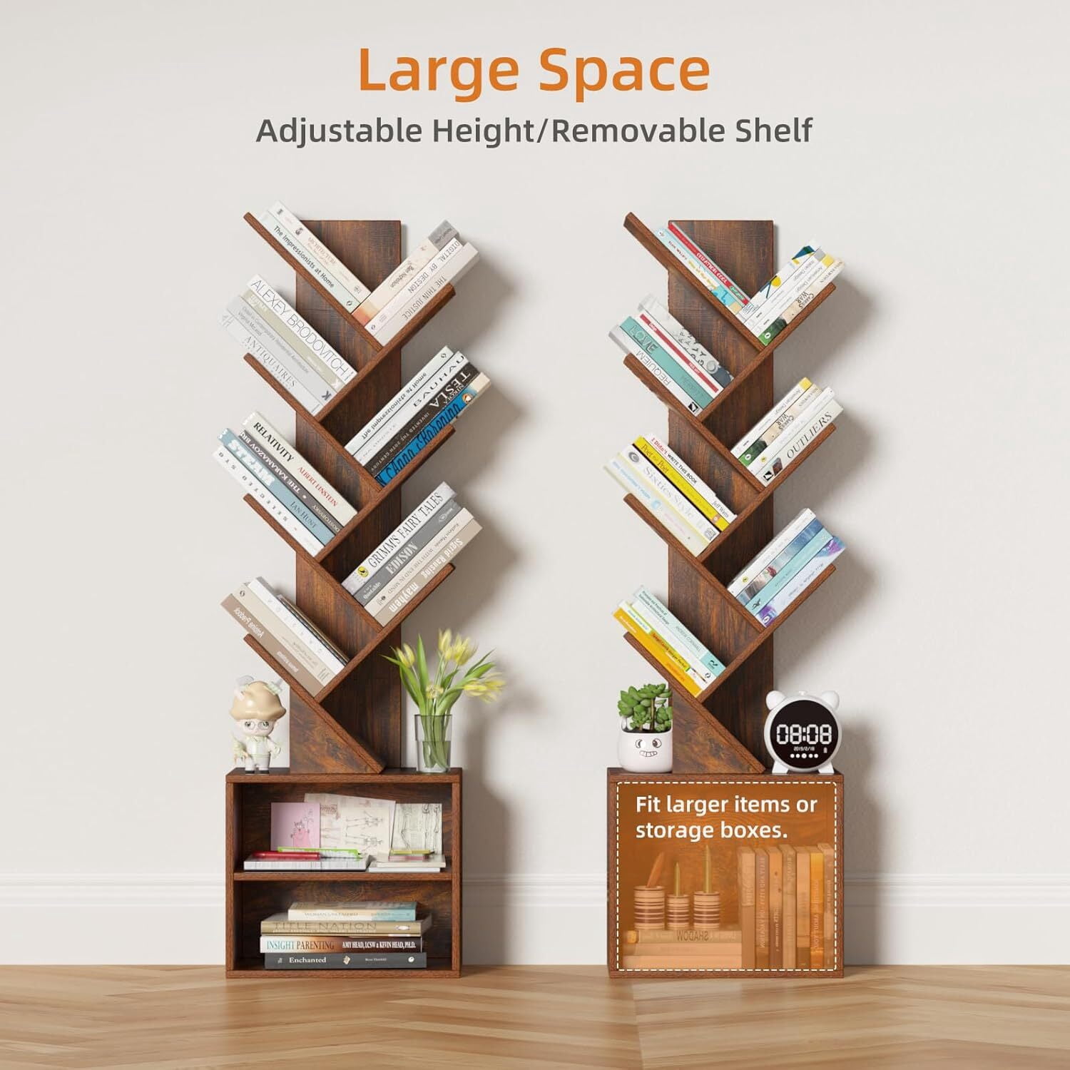 LELELINKY 7-Tier Wooden Bookcase with 2 Shelves, Free Standing Tree Bookshelf for Home Office, Rustic Brown