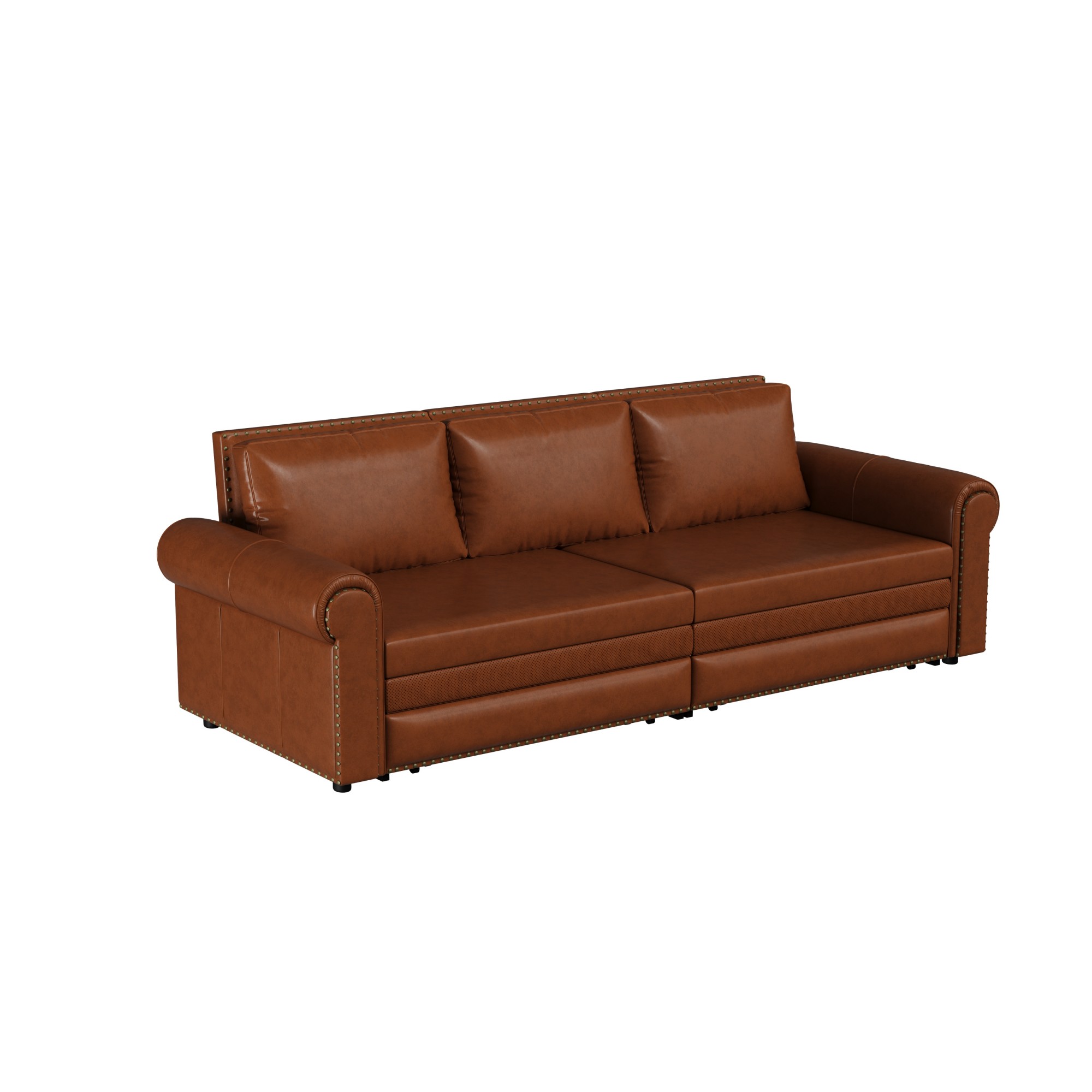 Aukfa 93.7" King Pull Out Sofa Bed, Faux Leather 3-in-1 Convertible Chesterfield Sleeper Sofa Couch with Nailhead Trim & Rolled Arms, Light Brown