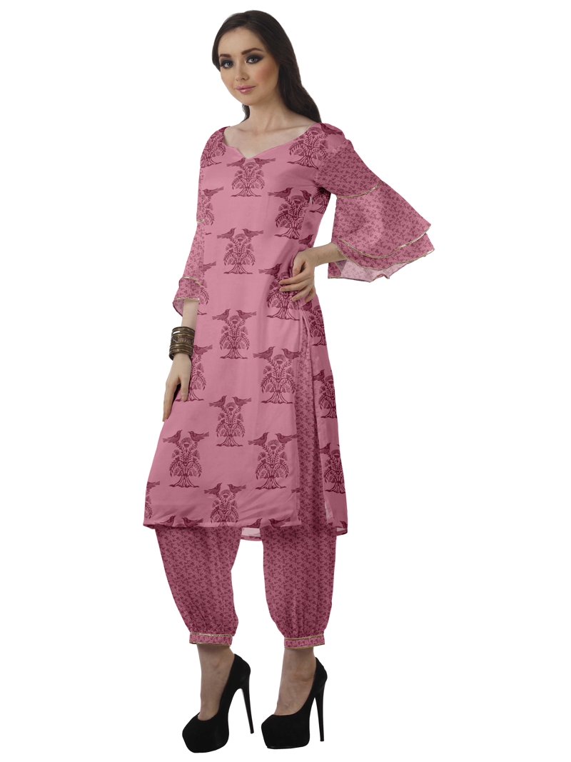 Moomaya Women's Printed Indian Ethnic Clothing Set-Printed Kurta w/ Pants, Designer Tunic Dress, Size: Large, Pink