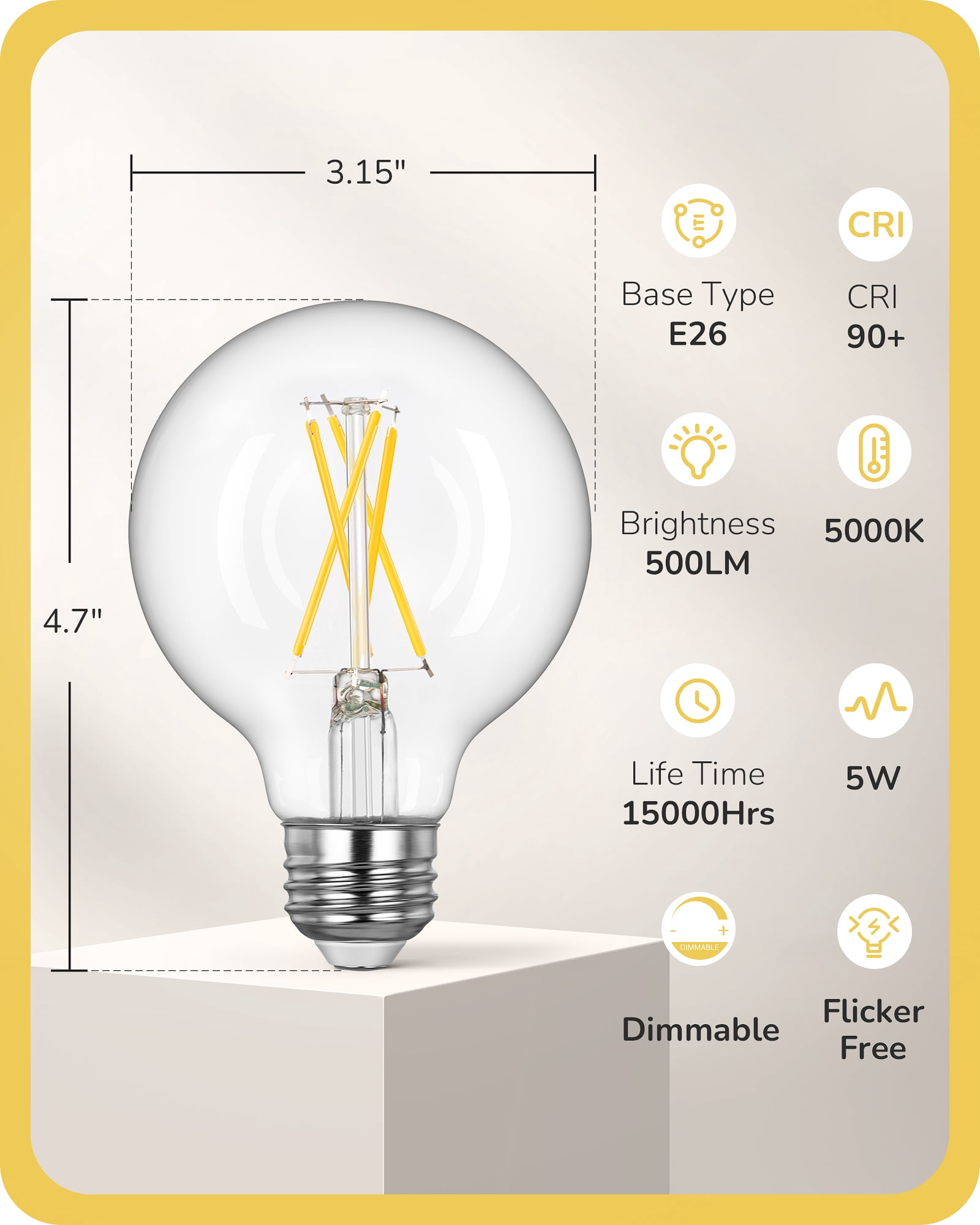 EDISHINE 6 Pack G25 Globe Light Bulbs, Dimmable Vintage LED Edison Bulbs, CRI90+ 5W Equivalent 60W, Clear LED Filament Vanity Light Bulbs, 5000K Daylight White, 500LM, E26 Base, UL Listed