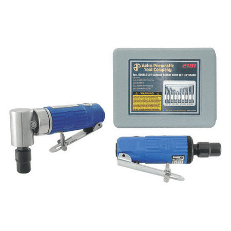 Pneumatic Die Grinder Set Astro Pneumatic Tool 1221 Composite Body 1/4-Inch 90° Die Grinder, Mini Die Grinder AND 8-Piece Double Cut Carbide Rotary Burr Set ()