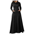 thumbnail image 1 of KIHOUT Robe Maxi Femme Couleur Unie Col Haut Manches Longues Patchwork Poches Grand Ourlet Longue Jupe, 1 of 5