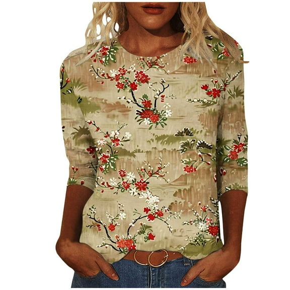 CYMMPU Crewneck Floral Printed 3/4 Length Sleeve Basic Tees Business Work Blouses Shirts Plus Size Tunic Tops Summer Fall Vintage 2025 Clothes for Women Multicolor XXXXL