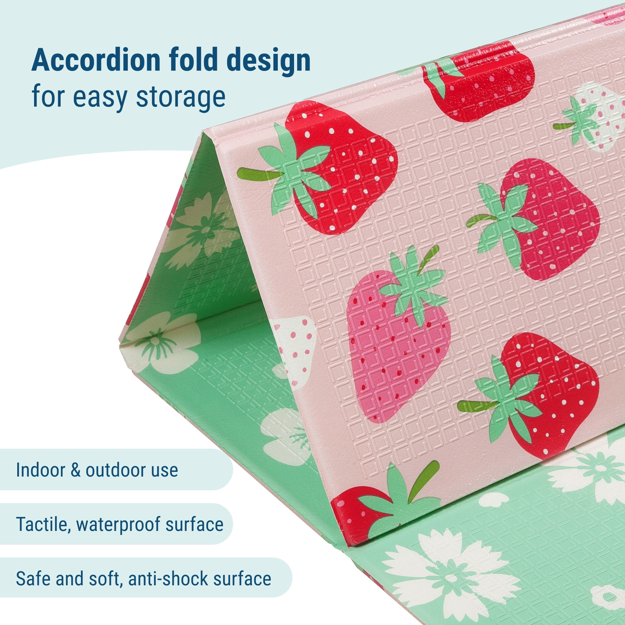 Wildkin Baby Play Mat - Large Folding Foam Play Mat for Infants, Babies, Toddlers, Waterproof, Double-sided (70" x 59") - Strawberry Patch
