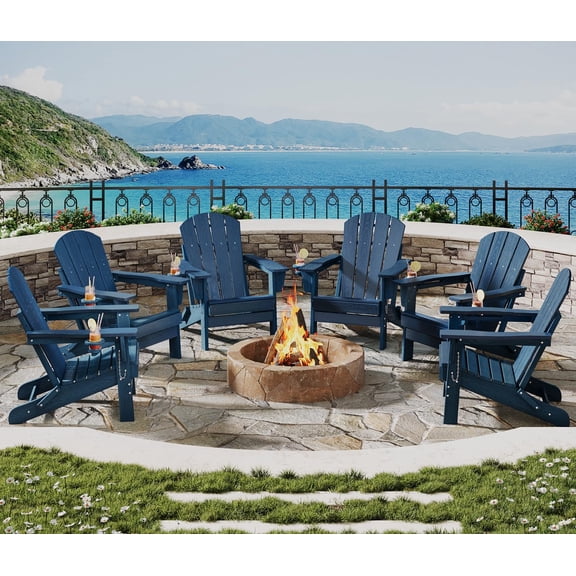 Folding Adirondack Chair Set of 6, HDPE Outdoor Patio Chair with Cup Holder, All Weather Resistent Wooden Textured for patios, Decks, Gardens, fire Pit, Navy Blue