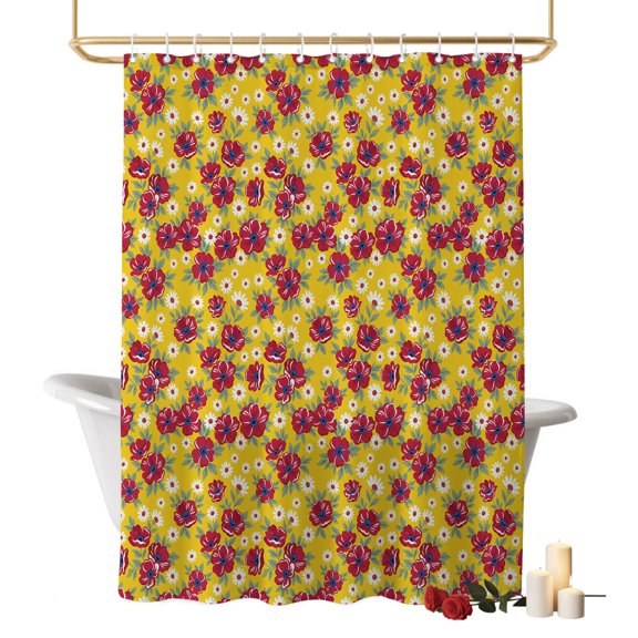 Red Floral Bathroom Shower Curtains with Hooks, Flower Leaves Farmhouse Yellow Background Waterproof Fabric Washable Shower Curtain for Home Hotel Bathtub Decor 60x72 Inch