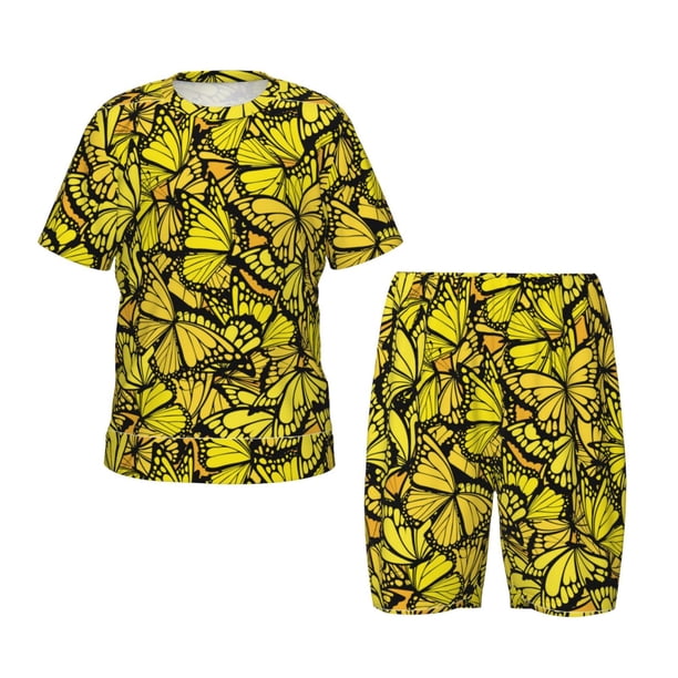 Balery Yellow Butterflies Conjunto de Pijama Infantil de Manga Corta con Estampado – Ropa de Dormir de Algodón Suave-Large