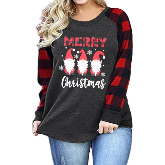 KimSoong Women Plus Size Christmas Shirt Gnomes Plaid Graphic Casual Long Sleeve Crew Neck Top