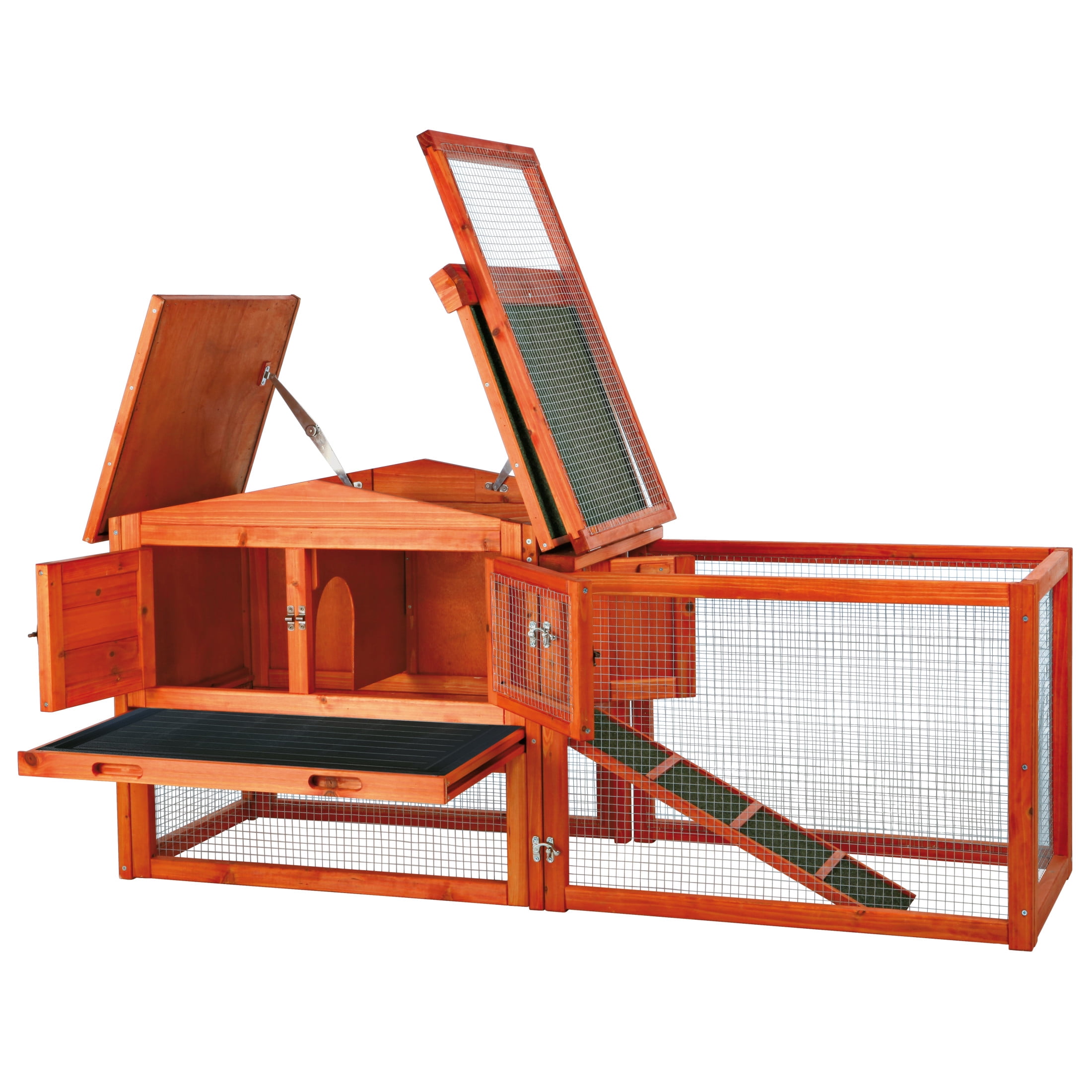 TRIXIE Weatherproof Outdoor 2-Story Wooden Small Animal Hutch, Run & Pull-Out Tray, Brown