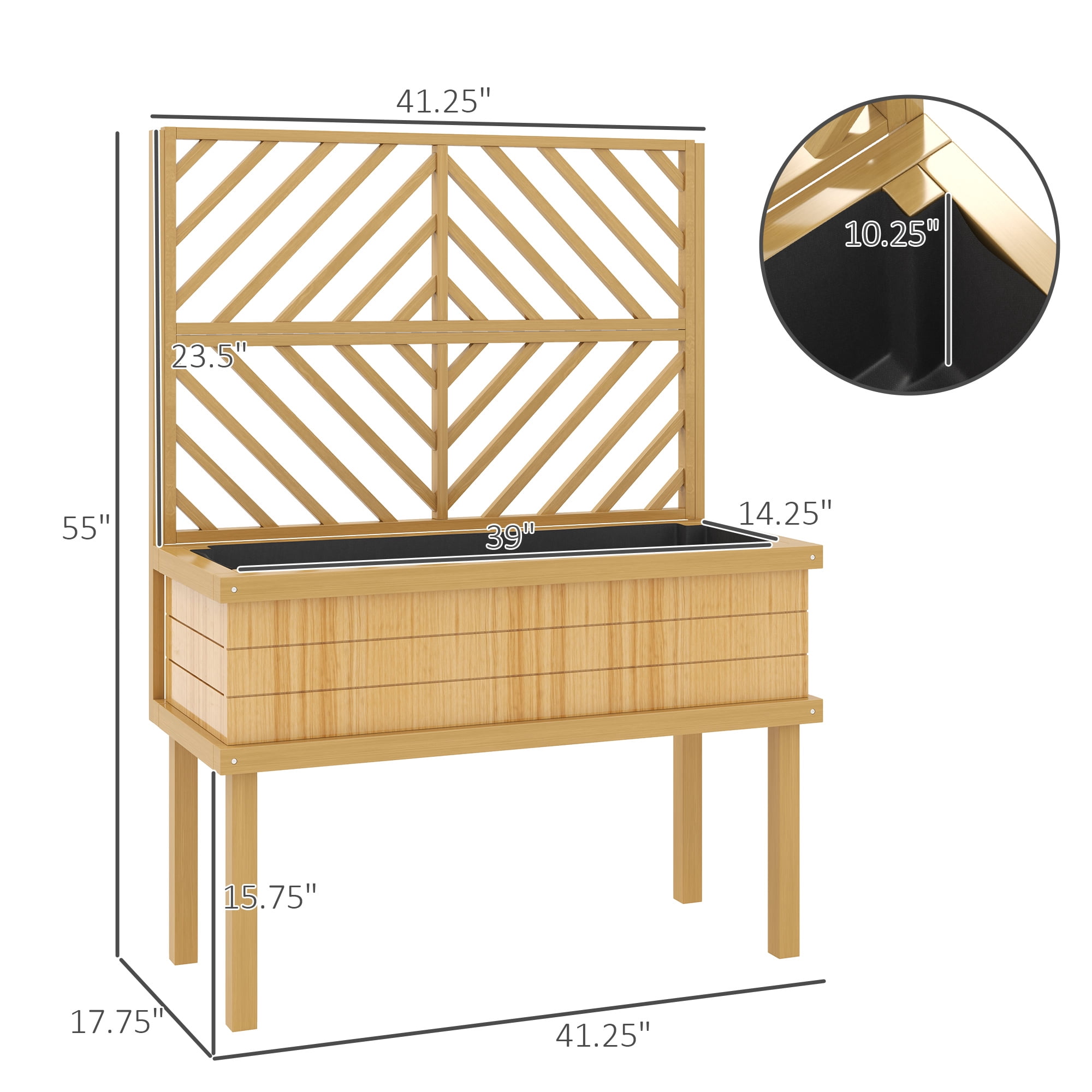 Self-Draining Raised Garden Bed, Elevated Wood Planter with Trellis for Climbing Plants, with Legs and Drainage Holes