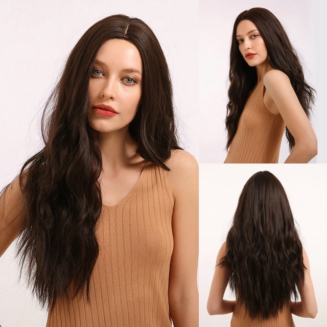Fiudx Peluca de Cabello Largo, Rizado y Ondulado, de Fibra Sintética Marrón, con Diseño Elegante para Cosplay, Fiestas Temáticas y Conciertos. Tamaño Ajustable, para Uso Diario, 66 Cm de Largo. Peluc