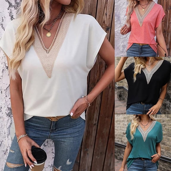 HAPIMO Women's Trendy Loose Lace Crochet Tops Dressy Tunic Elegant Casual Workout Blouses for Teen Girls Solid Color Summer Tees Short Sleeve V Neck Shirts Black L