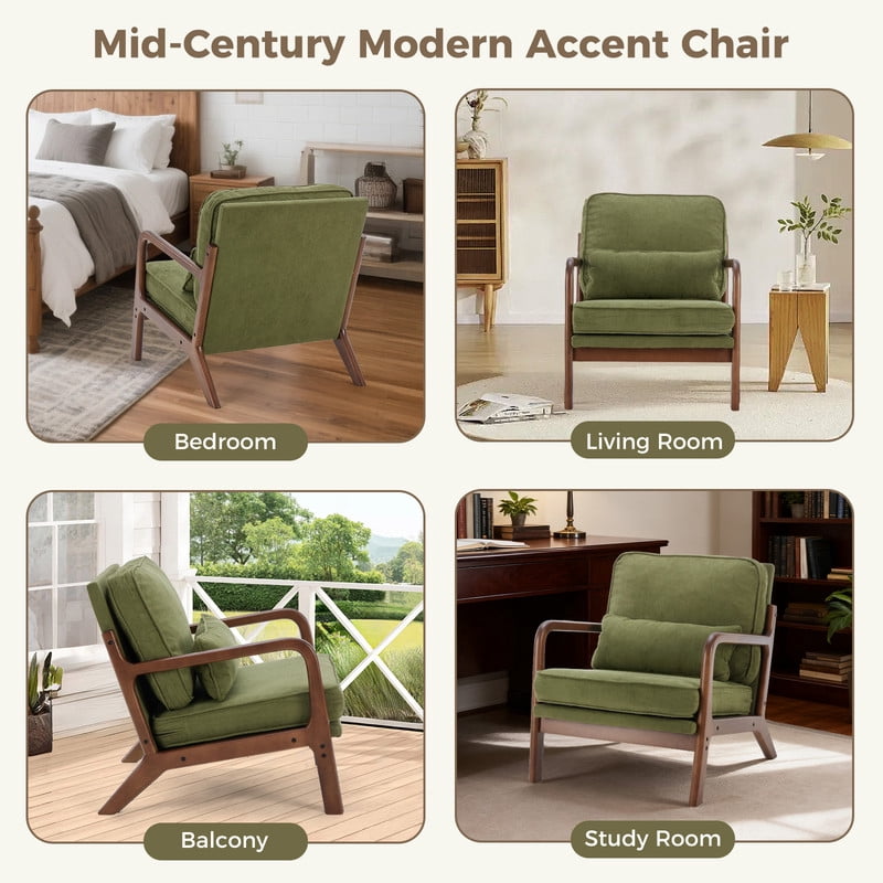 Simple Deluxe Accent Chair with Arms and Waist Pillow, Mid Century Modern Lounge Chair with Solid Wood Frame for Living Room, Bedroom, Green