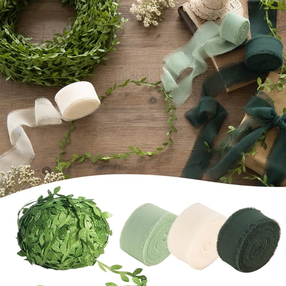 Green Ribbon 1 Inch x 3 Rolls Total 26 Yard Ivory/Sage/Forest and 87 Yard Leaf Ribbon, Green Handmade Fringe Chiffon Silk Ribbon