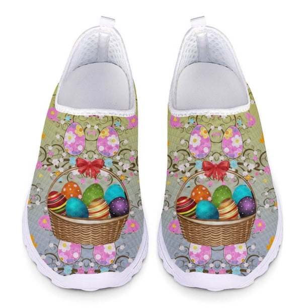 Nuevos zapatos de malla transpirables con estampado floral de huevo, zapatillas ligeras sin cordones de verano, zapatos planos cómodos antideslizantes, regalo