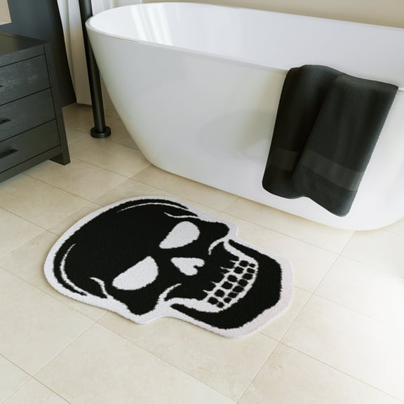 Gothic Skull Shaped Halloween Black Bath Mat, Door Mat for Bathroom, Bedroom, Kitchen, Spooky Halloween Decor