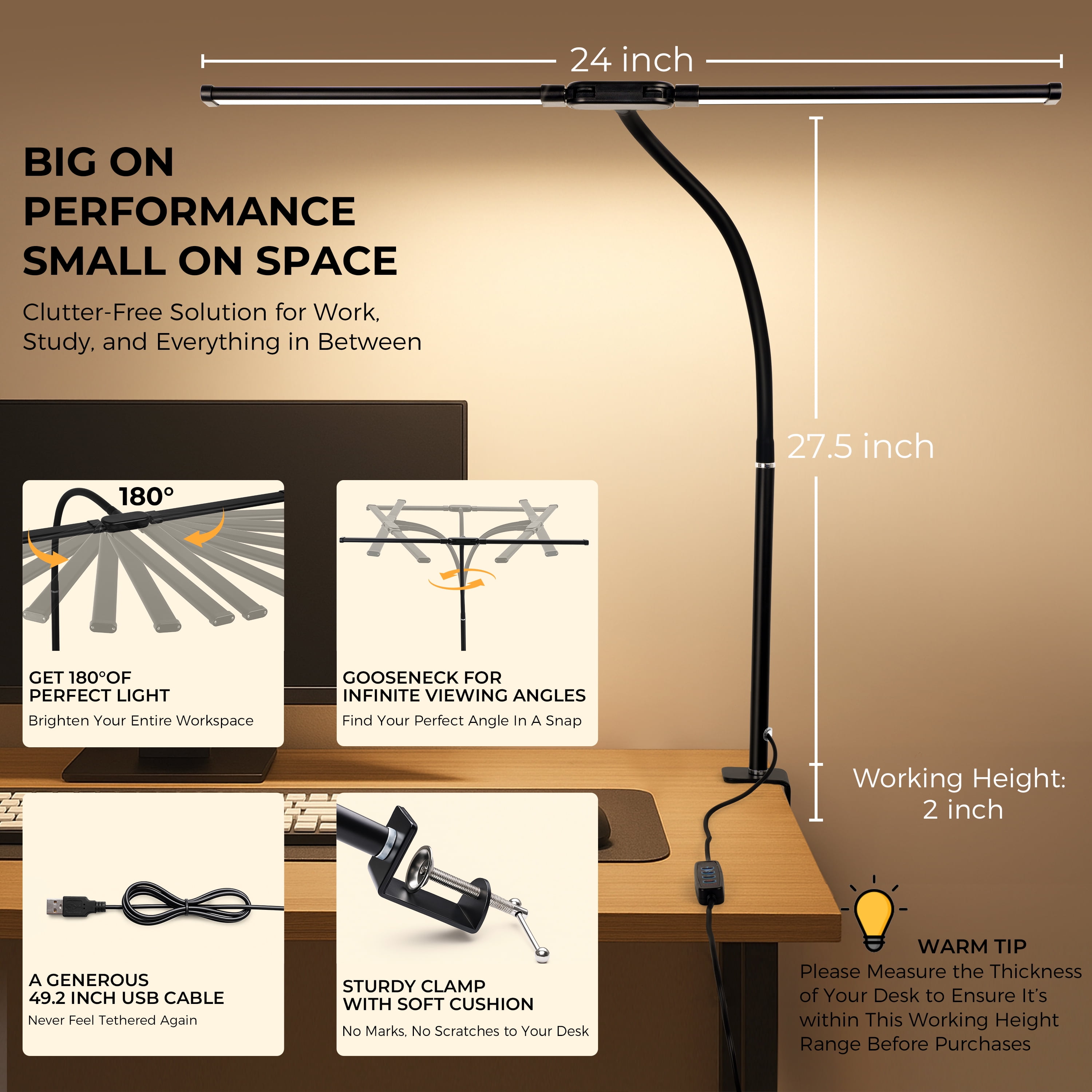 Coliware LED Desk Lamp for Office Home, Eye Caring Architect Lamp with Clamp Flexible Gooseneck, Double Head Computer Monitor Table Light with 3 Lighting Modes, Adjustable Work Study Accessories
